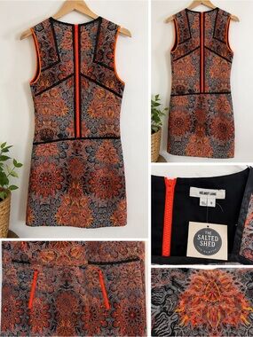 Helmut Lang Printed Sleeveless Sheath Dress Size 0 Neon Orange Zip